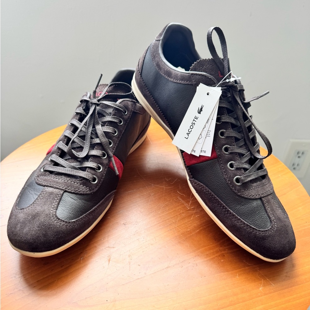 Lacoste Misano 22 LCR SRM, Brown and Red Leather Suede Sneakers, size 9.5